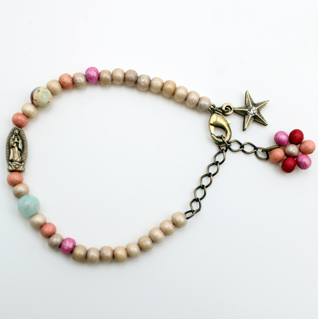 Our Lady of Guadalupe Bracelet with 4MM beads and Antique Gold Accents