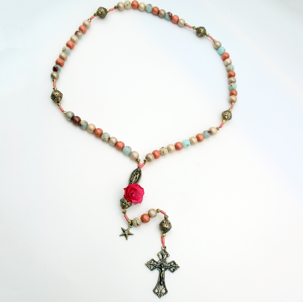 Our Lady of Guadalupe Cord Rosary with 8MM beads and Antique Gold Accents