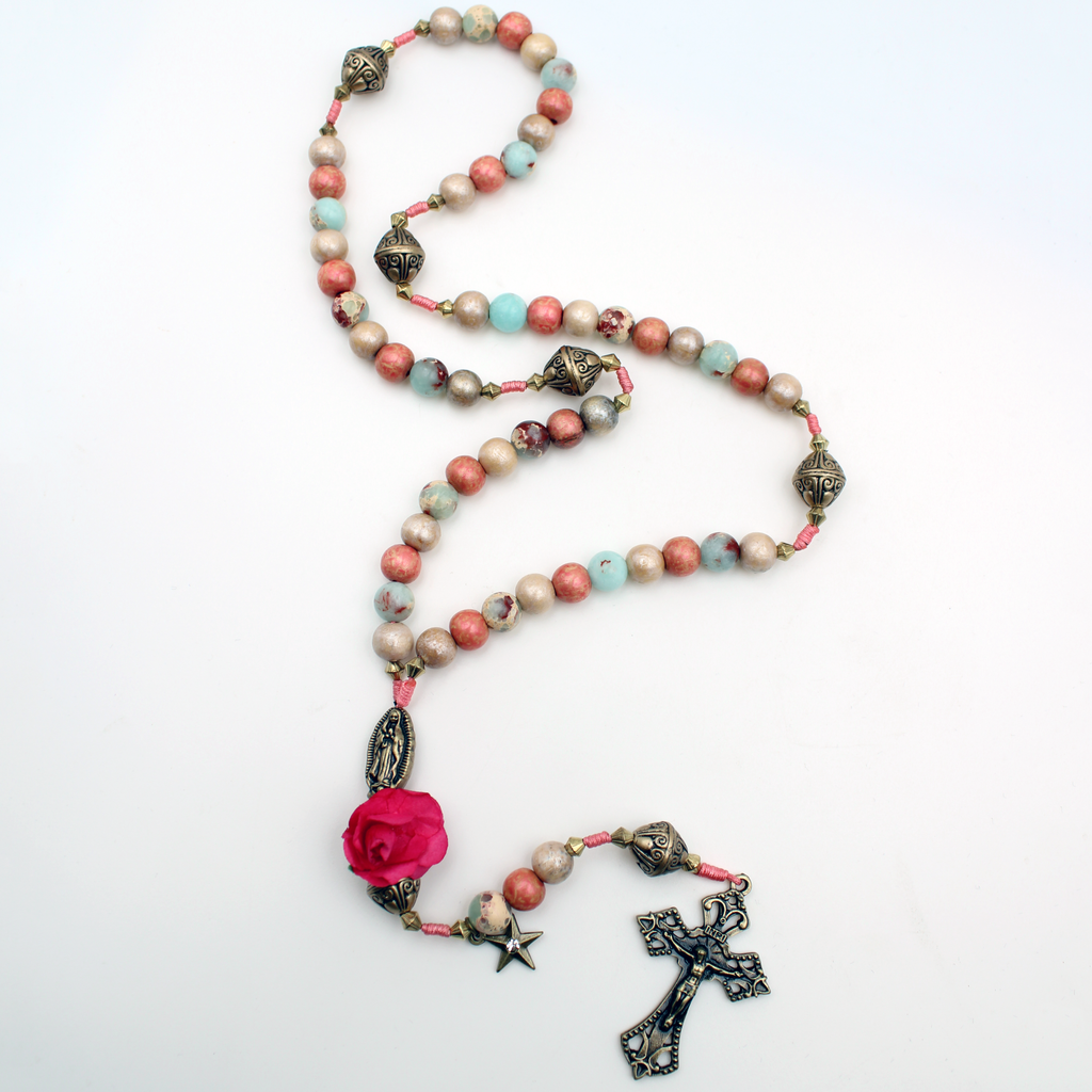 Our Lady of Guadalupe Cord Rosary with 8MM beads and Antique Gold Accents