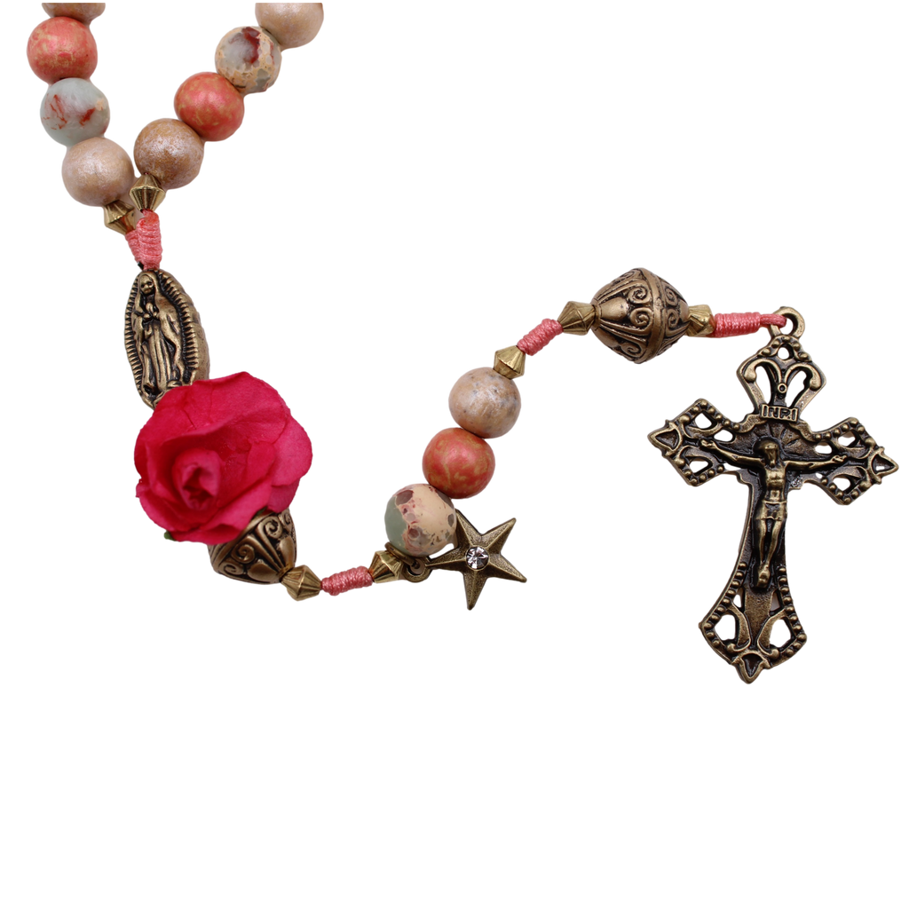 Our Lady of Guadalupe Cord Rosary with 8MM beads and Antique Gold Accents