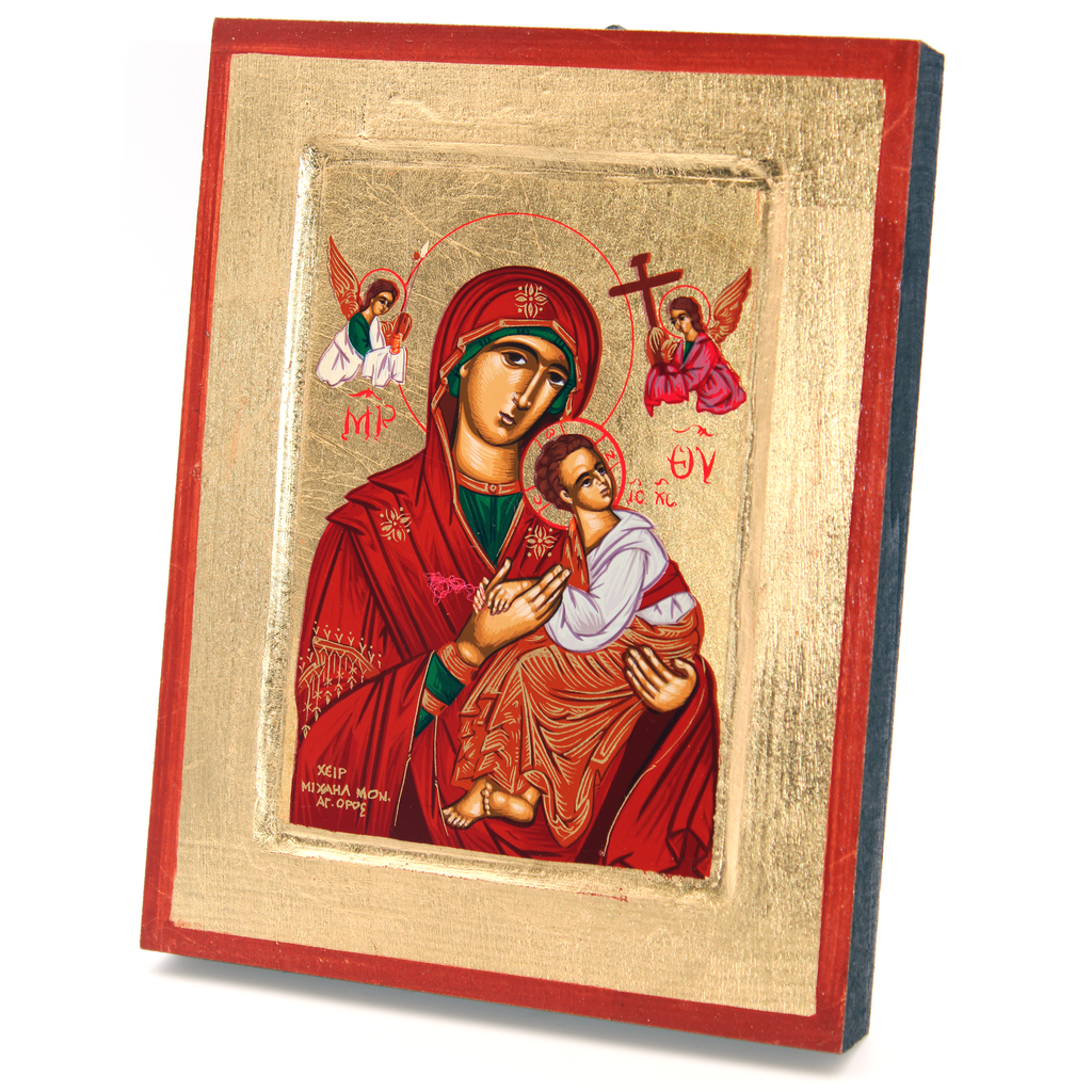 Hand Painted Greek Icon of Lady of Perpetual Help. Gold Leaf. - 7x5 inch