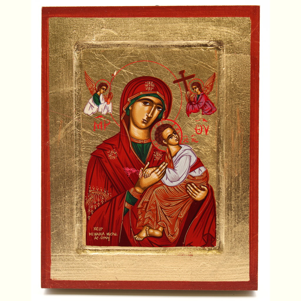 Hand Painted Greek Icon of Lady of Perpetual Help. Gold Leaf. - 7x5 inch