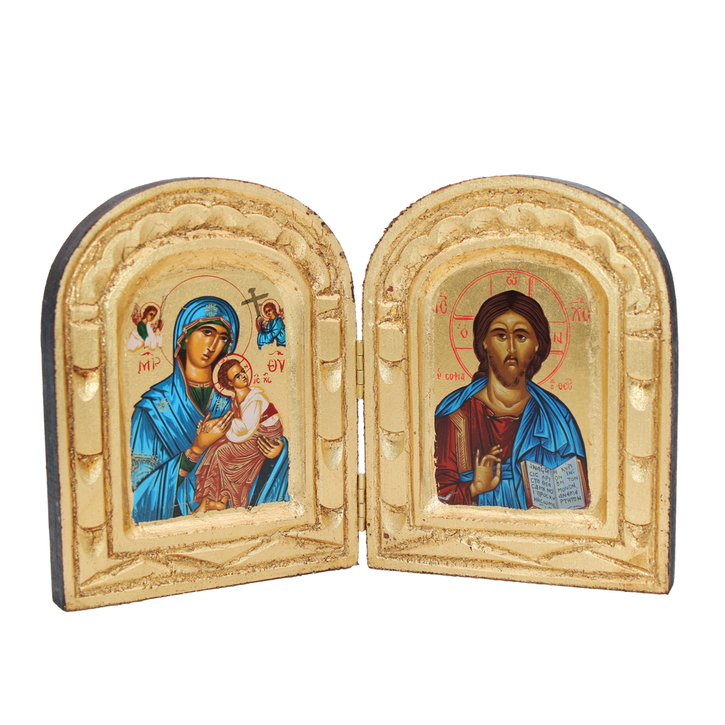 Greek Icon - Diptych -Gold Foiled-Pantocrator/Theotokos 5 x 8 inch