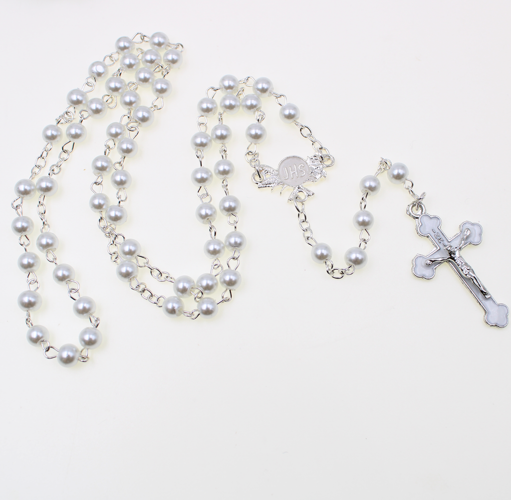 White Faux Pearl Rosary with 6mm Glass Beads