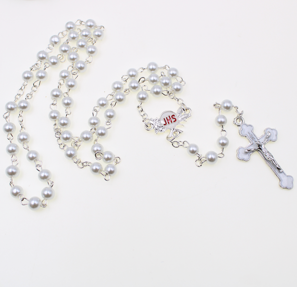 White Faux Pearl Rosary with 6mm Glass Beads