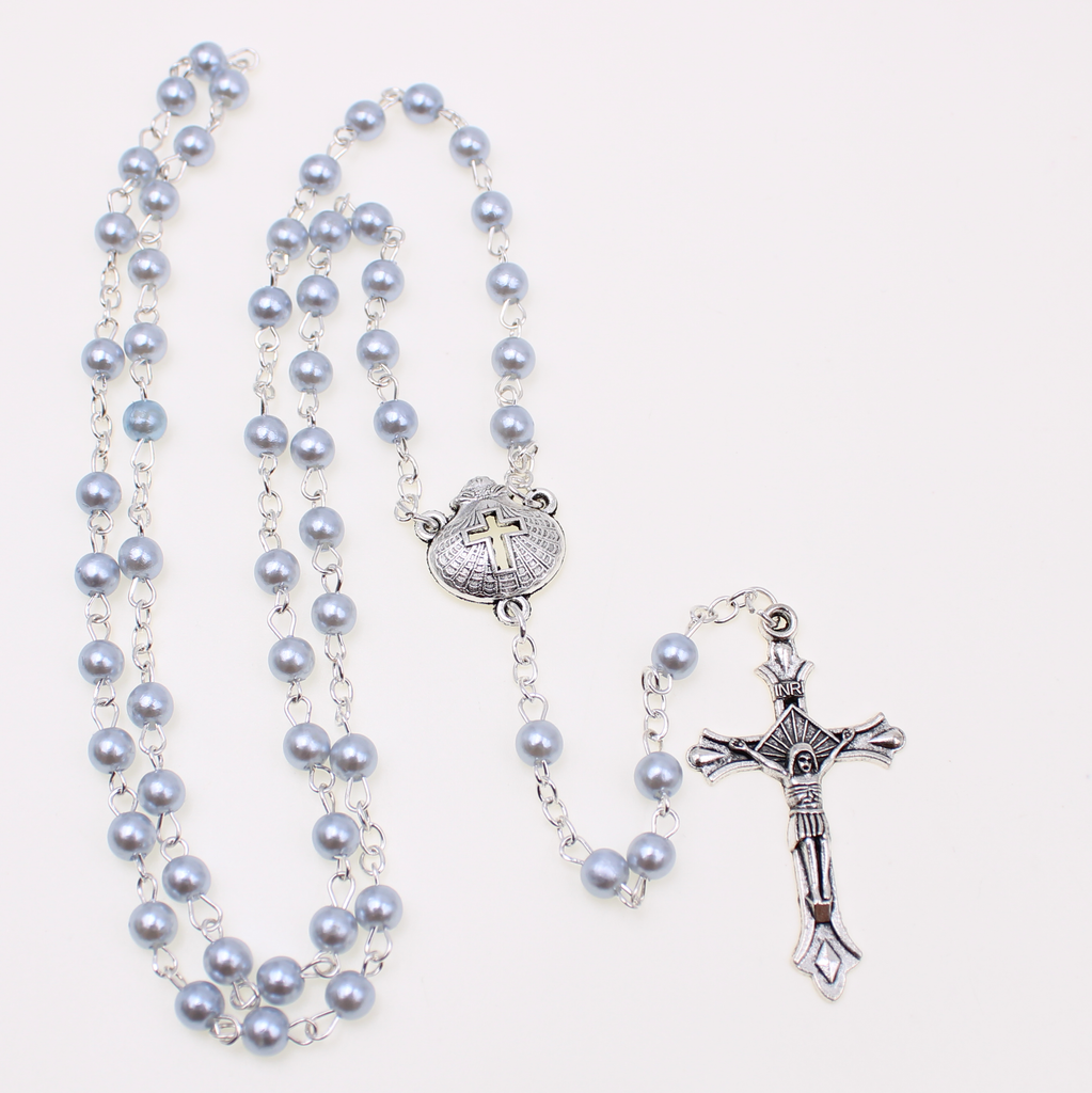 Faux Pearl Baptism Rosary with 6mm Glass Beads