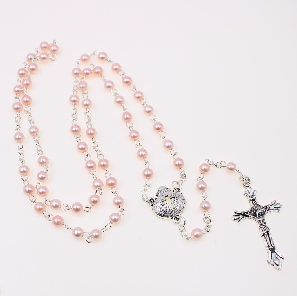 Faux Pearl Baptism Rosary with 6mm Glass Beads