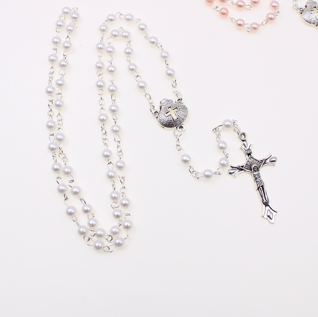 Faux Pearl Baptism Rosary with 6mm Glass Beads