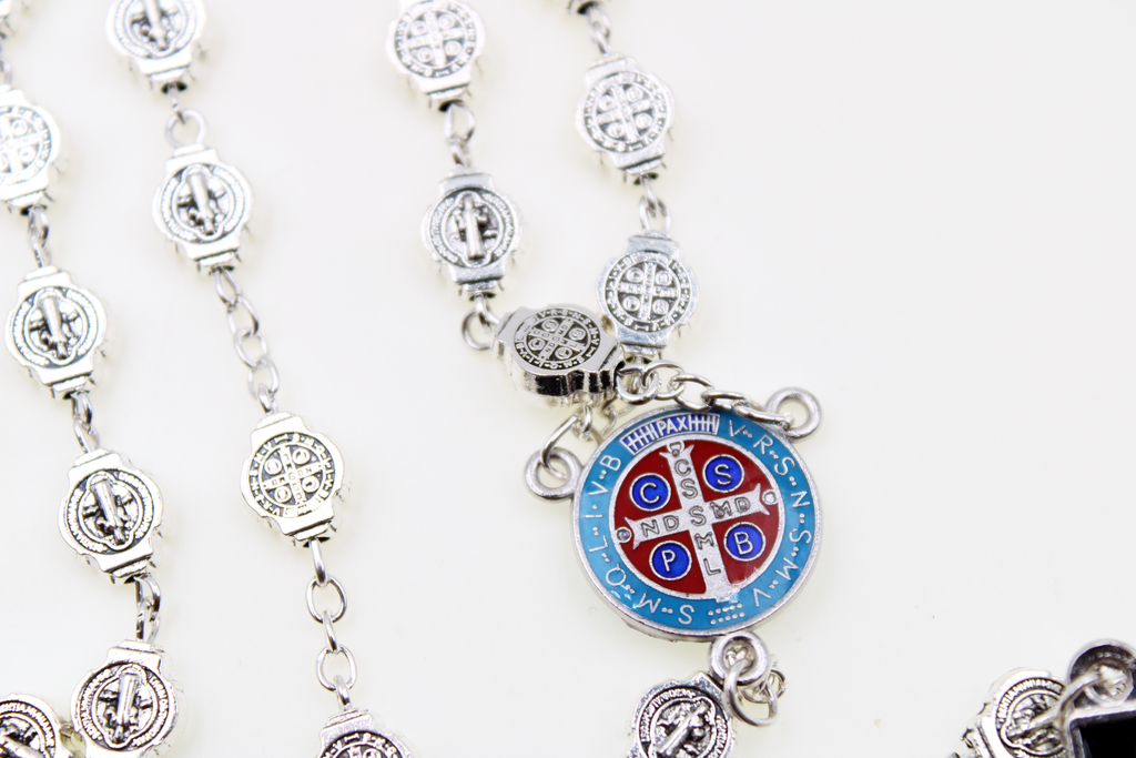 Saint Benedict Metal Rosary with Silver Tone Cross