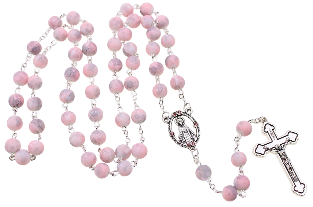 8mm Glass Rosary with Pink Beads