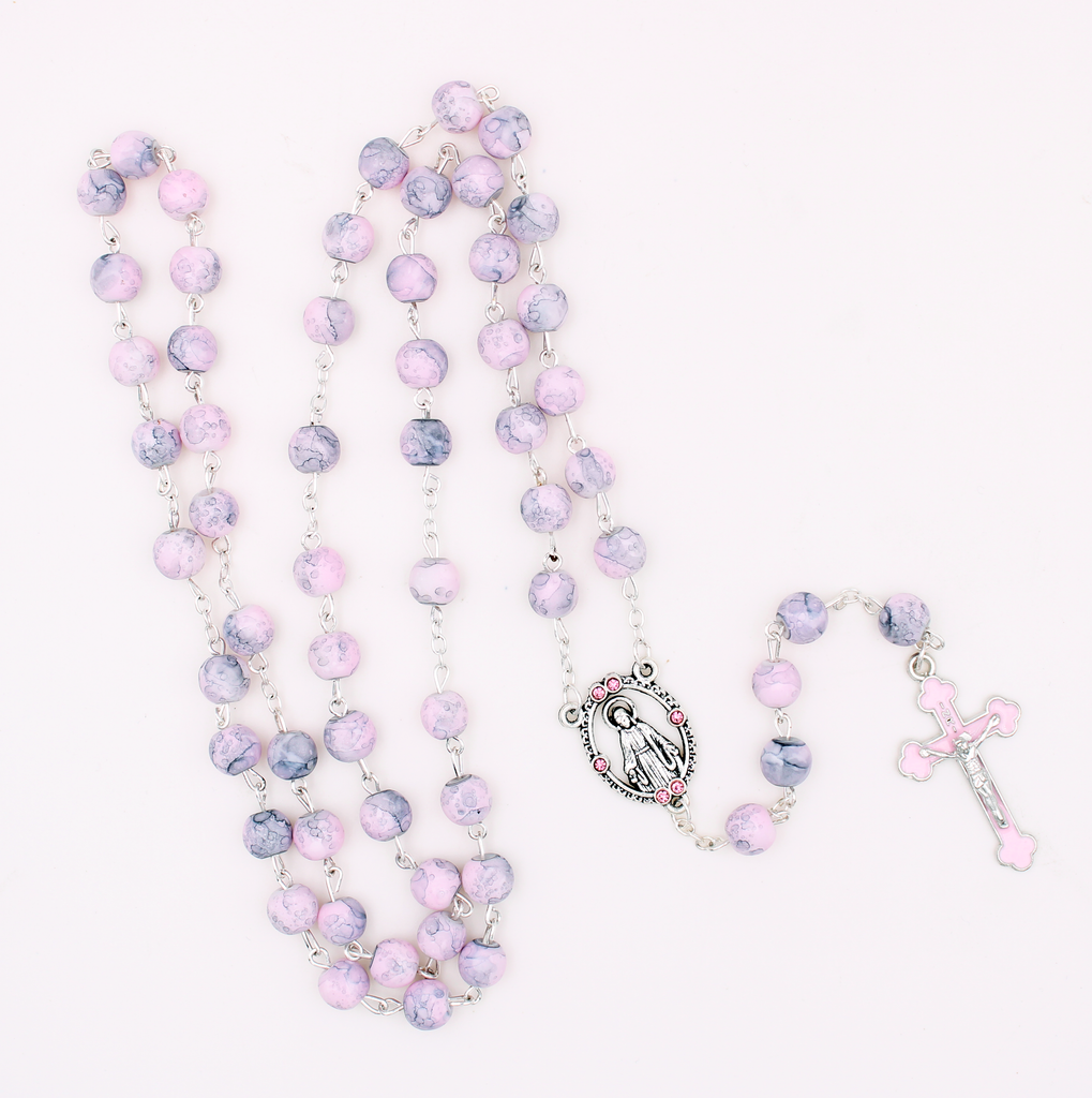 8mm Glass Rosary with Pink Beads