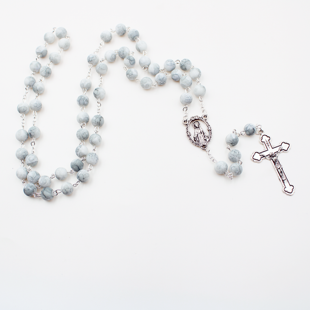 8mm Glass Rosary with White Beads