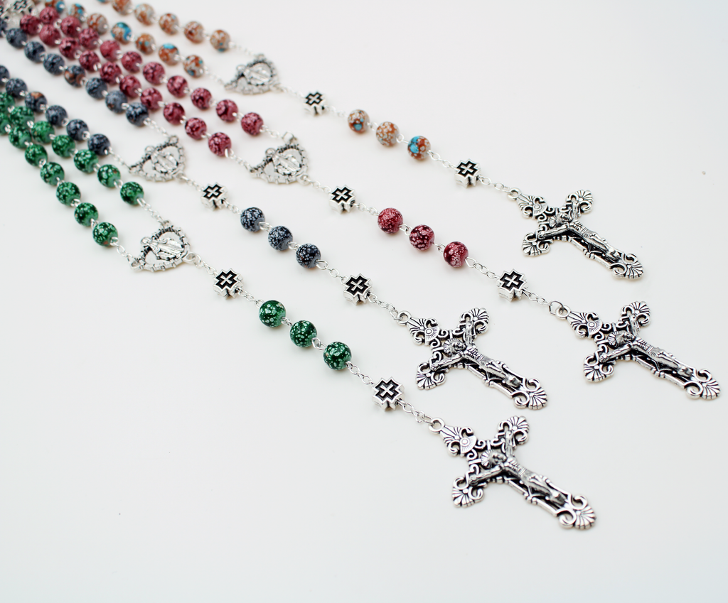 8mm Glass Rosary with Heart Shaped Miraculous Center