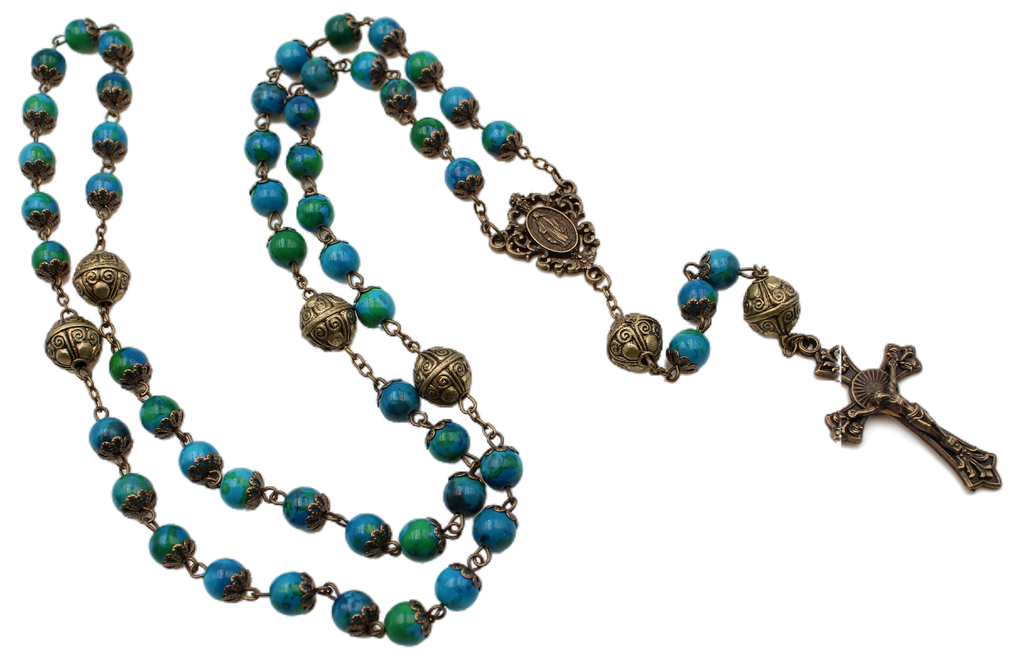 8mm Single Cap Bronze Rosary with Aqua Beads