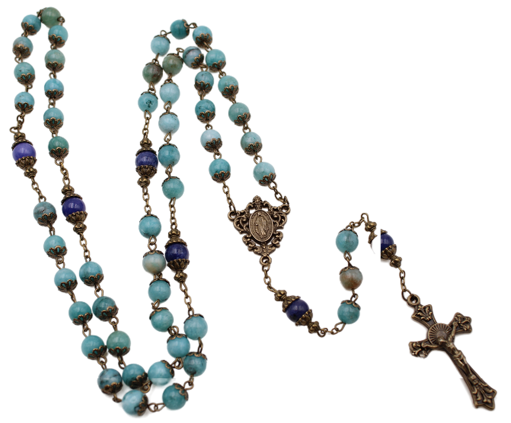 8mm Single Cap Bronze Rosary with Light Blue Beads