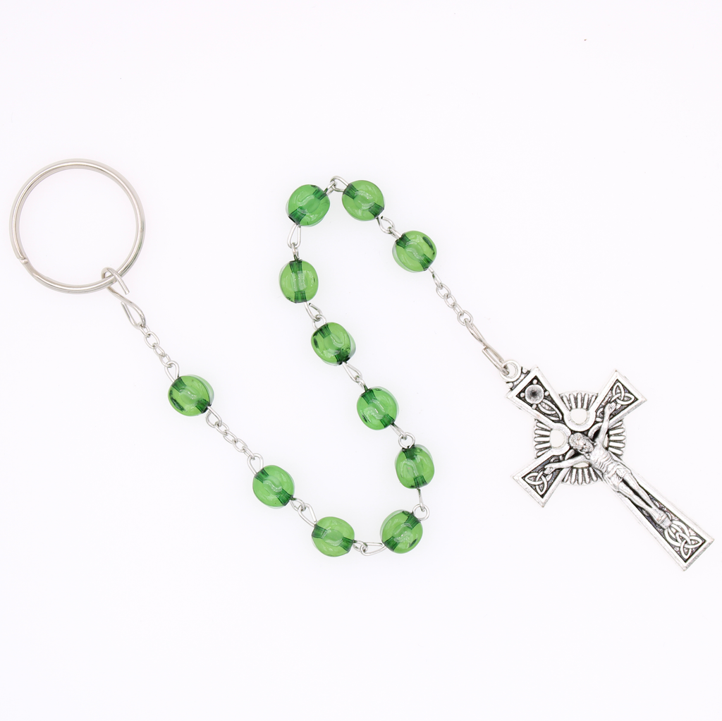 Single Decade Keychain Rosary with Shaped Green Beads and Celtic Cross