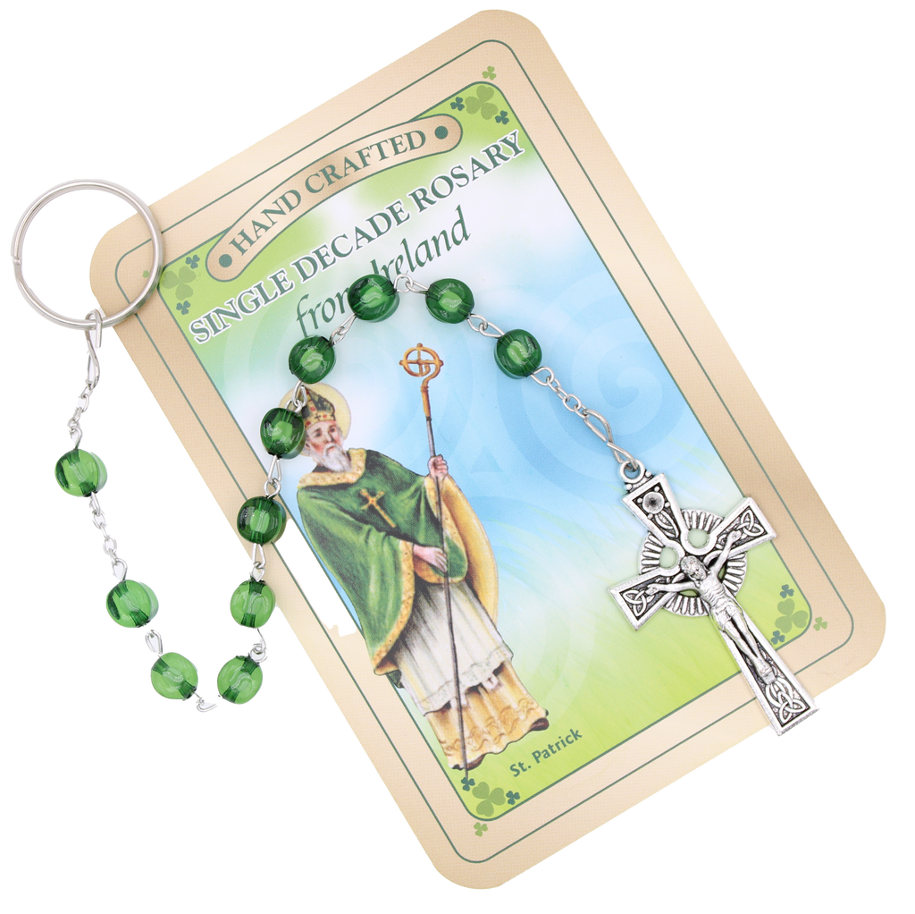 Single Decade Keychain Rosary with Shaped Green Beads and Celtic Cross