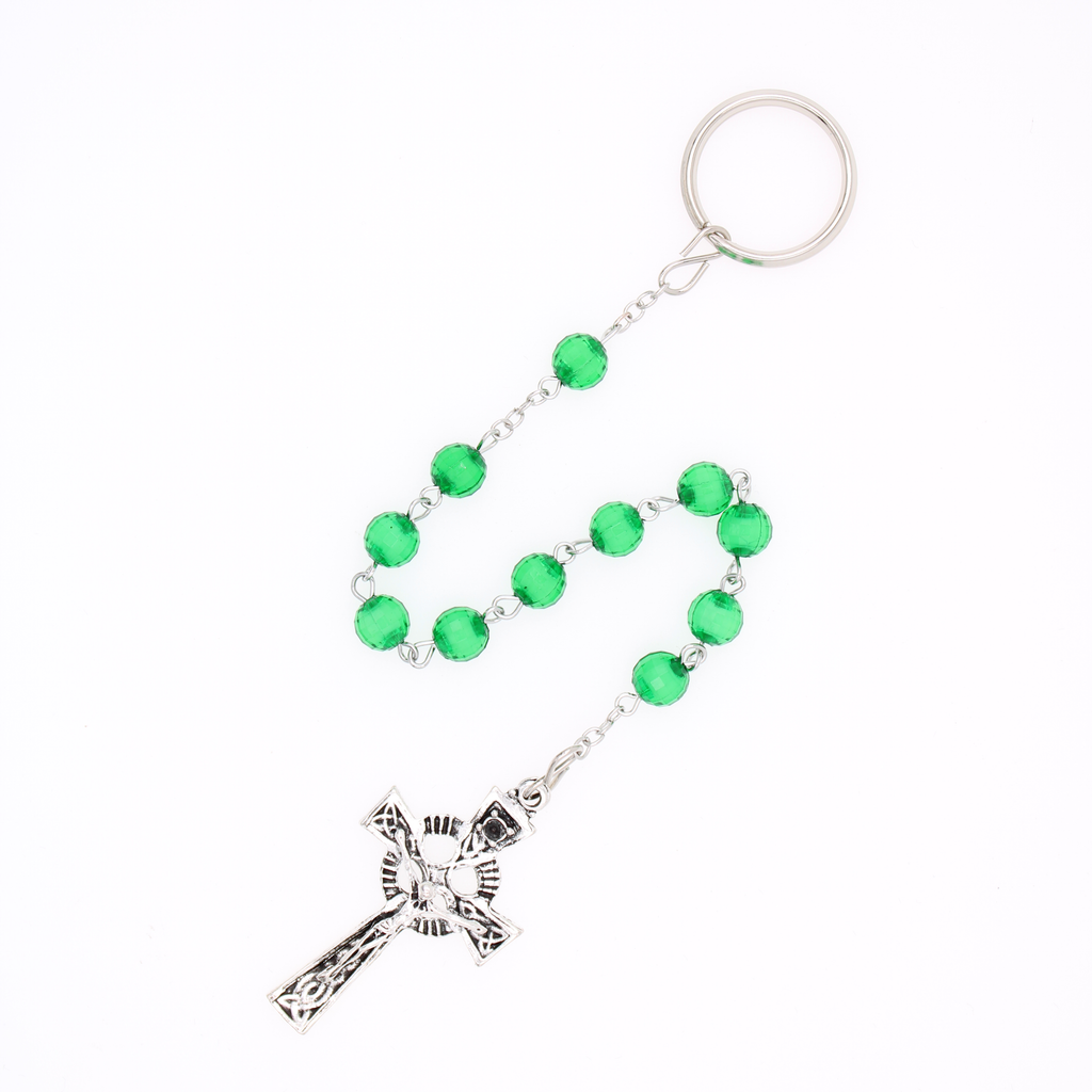 Single Decade Keychain Rosary with Classic Green Beads and Celtic Cross