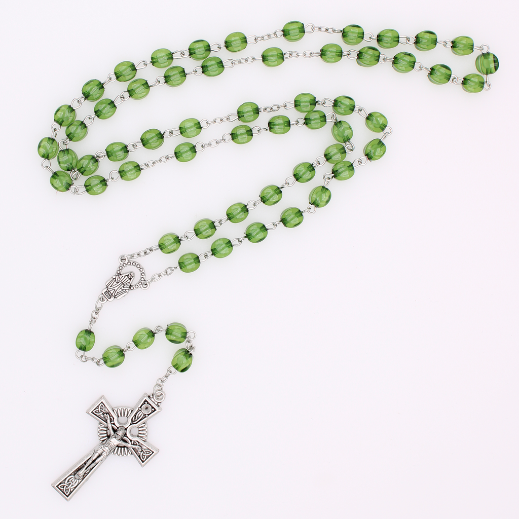 Handcrafted Irish Rosary with Shaped Green Beads and Celtic Cross