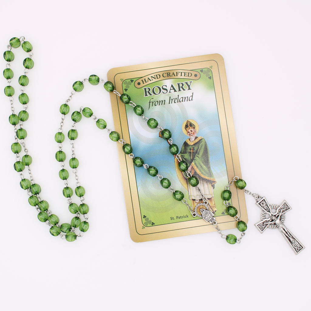 Handcrafted Irish Rosary with Shaped Green Beads and Celtic Cross