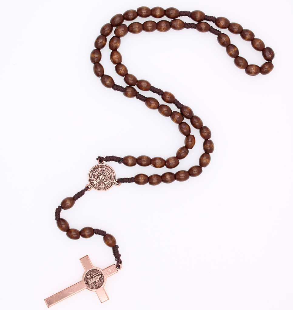 Irish Celtic Saint Benedict Rosary with Brown Oval Plastic Beads with Copper Tone Center and Crucifix