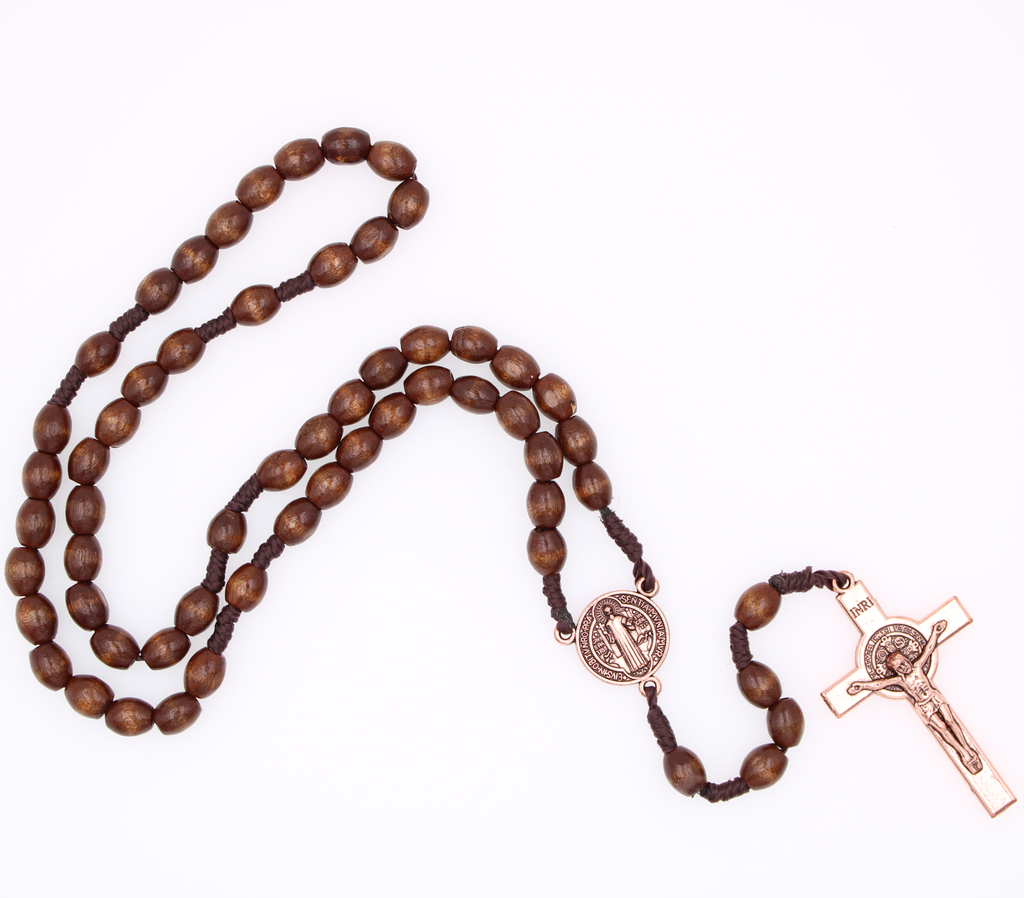 Irish Celtic Saint Benedict Rosary with Brown Oval Plastic Beads with Copper Tone Center and Crucifix