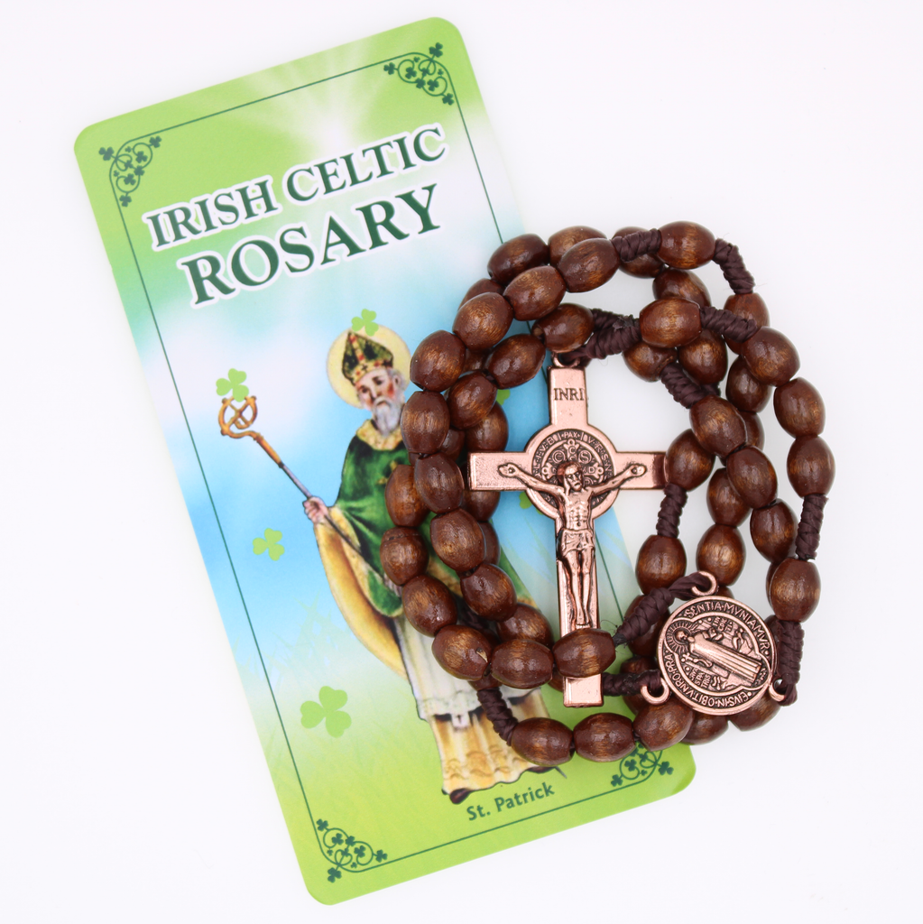 Irish Celtic Saint Benedict Rosary with Brown Oval Plastic Beads with Copper Tone Center and Crucifix