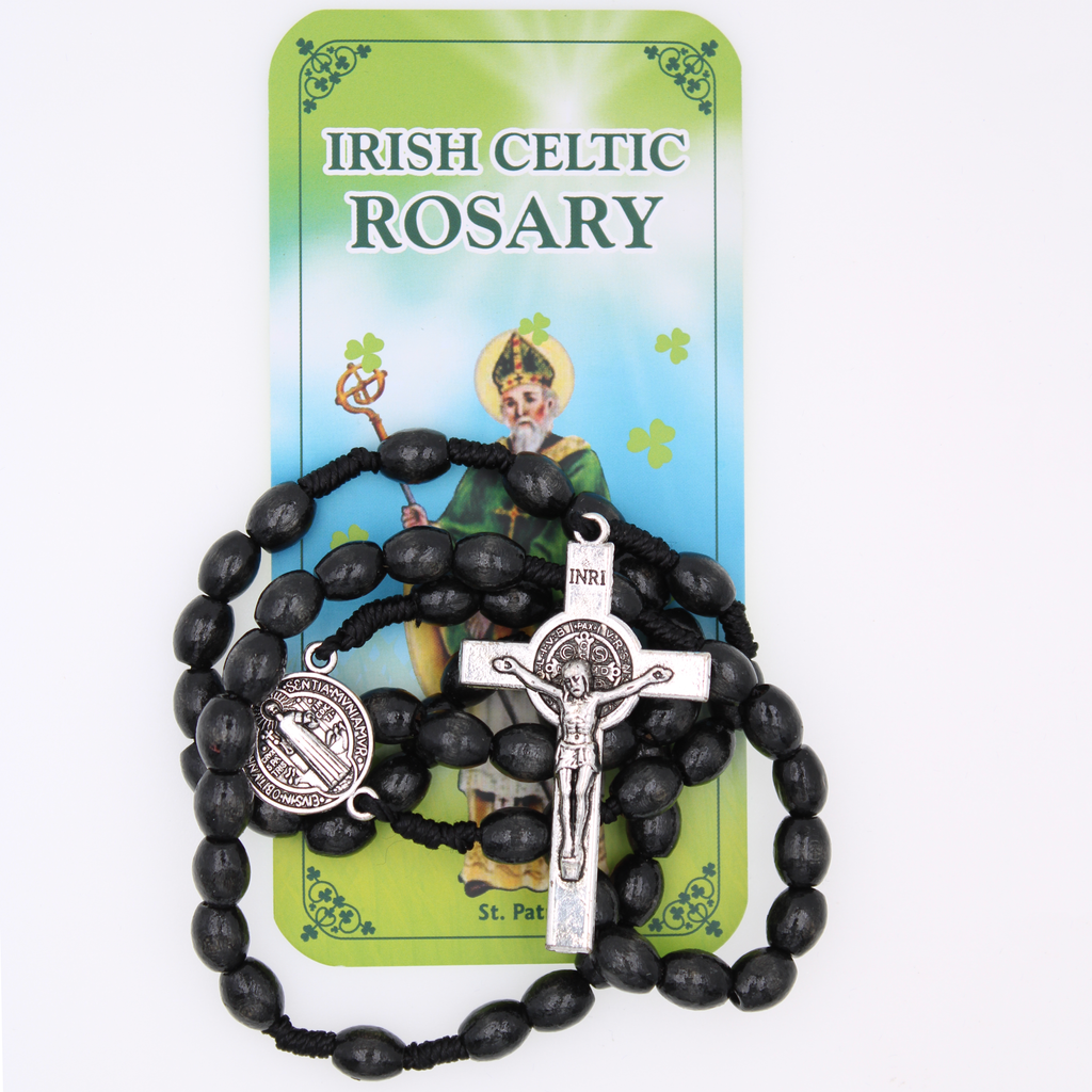 Irish Celtic Saint Benedict Rosary with Brown Oval Plastic Beads with Silver Tone Center and Crucifix