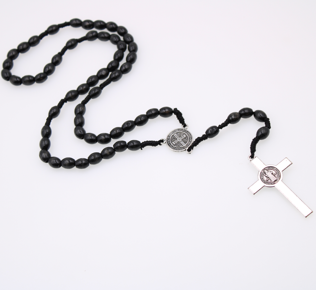 Irish Celtic Saint Benedict Rosary with Brown Oval Plastic Beads with Silver Tone Center and Crucifix