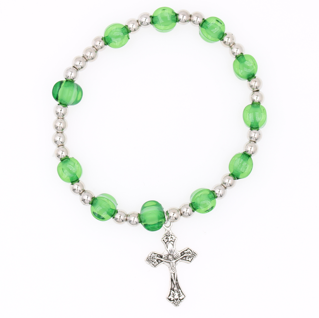 Rosary Bracelet with Uniquely Shaped Green Beads and Crucifix Charm