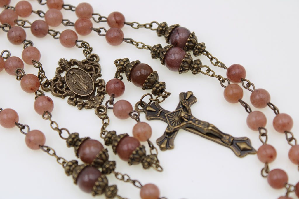 8mm Bronze Rosary with Dusty Rose Beads