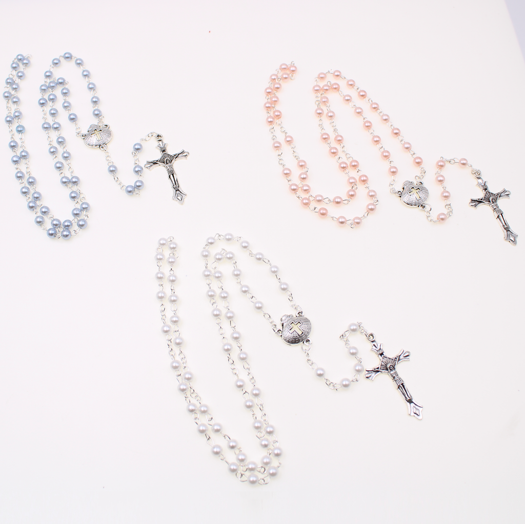 Faux Pearl Baptism Rosary with 6mm Glass Beads